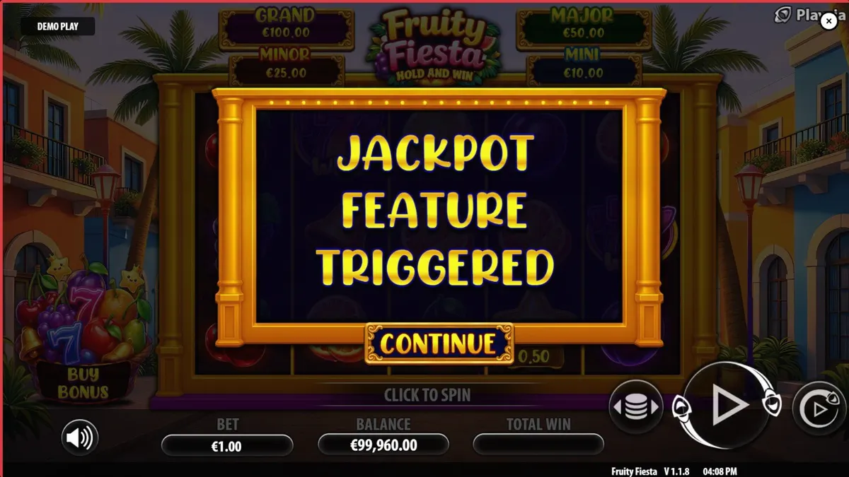 Tampilan visual slot Fruity Fiesta dengan tema neon buah dan karnaval