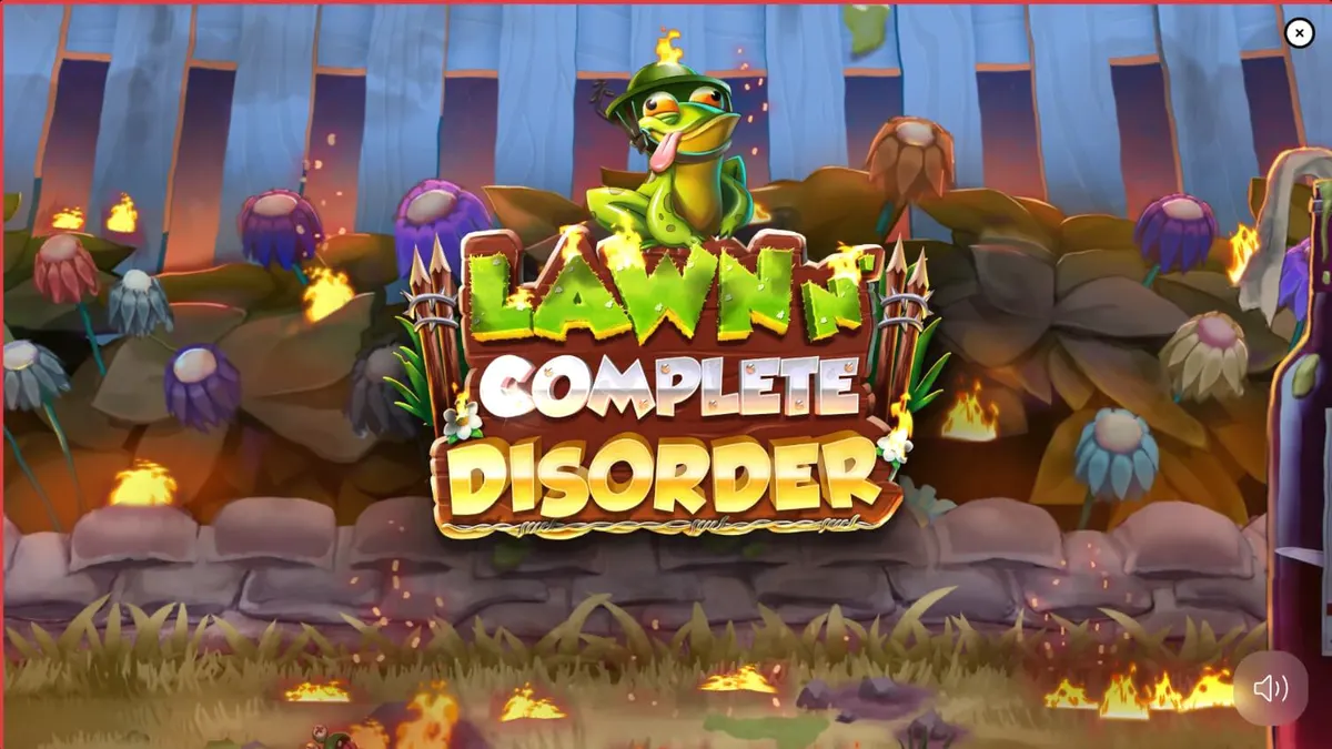 Gnome dengan gerobak emas di tengah taman yang terbakar dalam slot Lawn N’ Complete Disorder