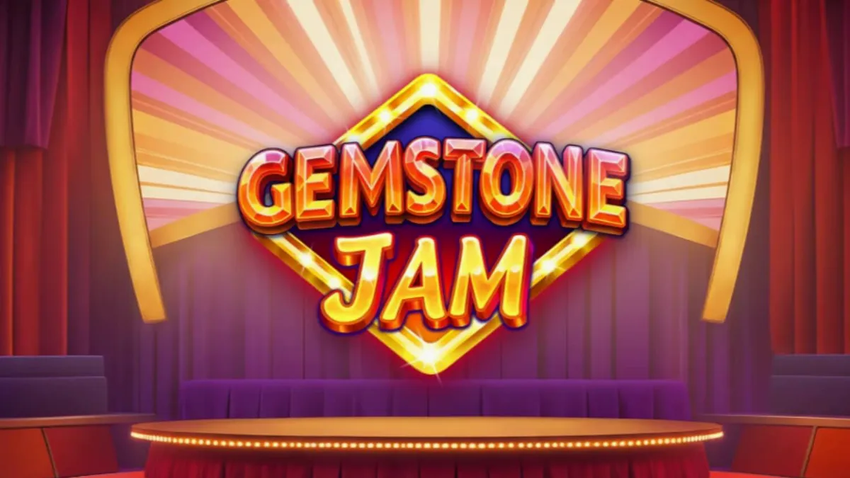 Tampilan antarmuka seluler slot Gemstone Jam dengan simbol permata dan desain acara TV