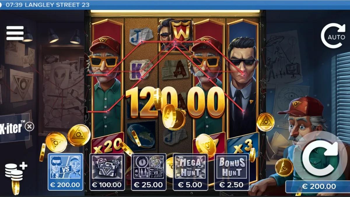 Tampilan visual slot Langley Street 23 dengan tema detektif dan konspirasi