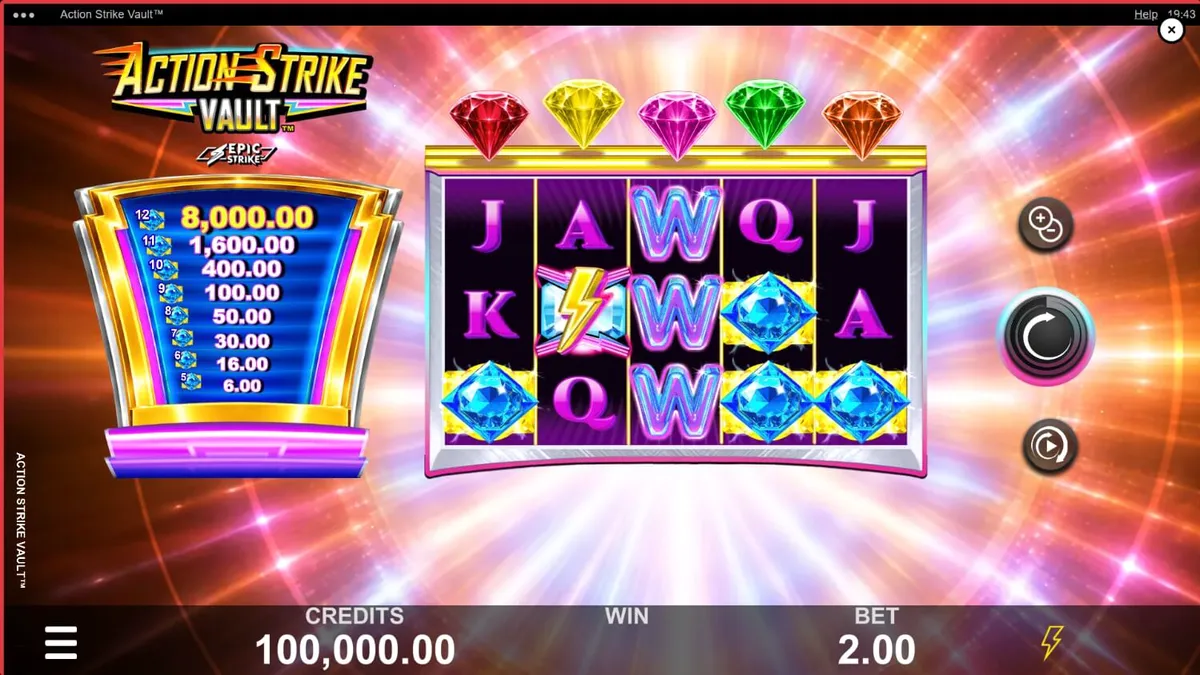 Tampilan visual futuristik slot Action Strike Vault dengan latar belakang nebula dan neon kasino.